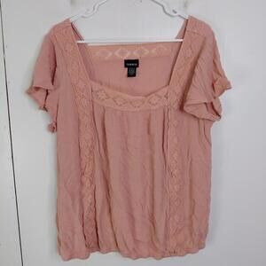 Torrid Top Womens 1X Flutter Sleeve Square Neck Elastic Hem Blush Pink Office